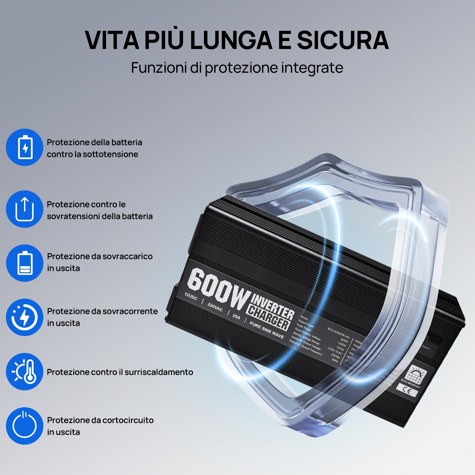 ECO-WORTHY LiFePO4 14,6 V 25 A Caricabatterie con convertitore 600 W da 12 V a 230 V, priorità alla rete e funzione UPS, per batteria LiFePO4 Deep Cycle, auto, camion, veicoli turistici