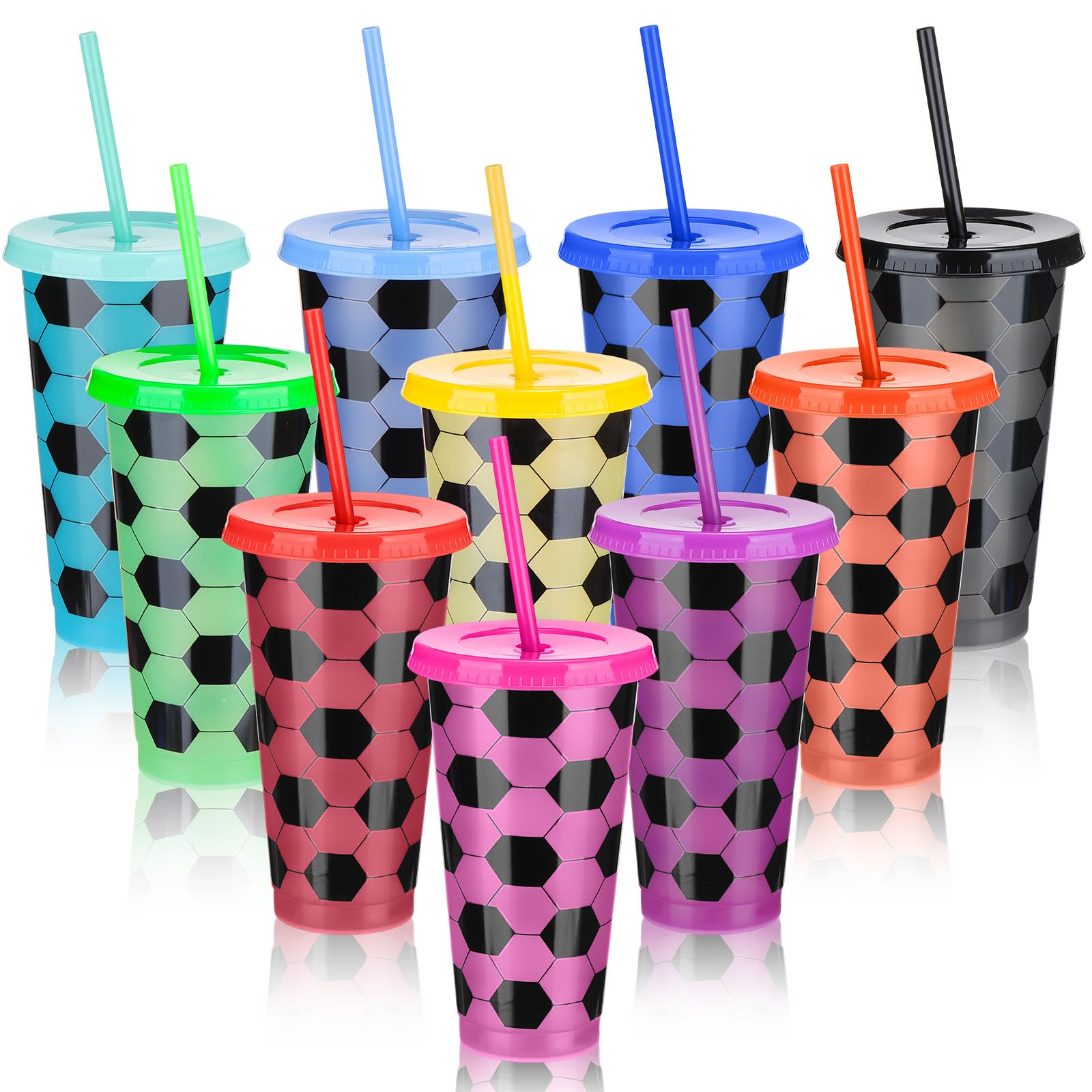 Kklolai 10 Pcs 24 Oz Plastic Football Cups Reusable Tumbler with Lid and Straw Soccer Birthday Party Gifts for Coach Fan Men Women Sports Game Team Decoration (Multicolor)