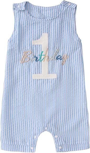 Ritatte Baby Boy 1st Birthday Outfit One Birthday Embroidery Romper Sleeveless Jumpsuit Cute Summer One Year Old Overalls