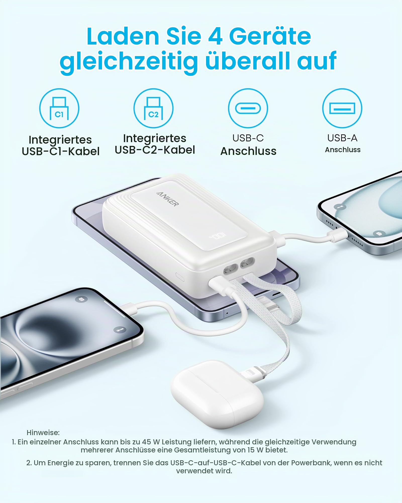 Anker Zolo Powerbank 20000mAh 45W Max, 2 integrierte USB-C Kabel – Ansicht 7