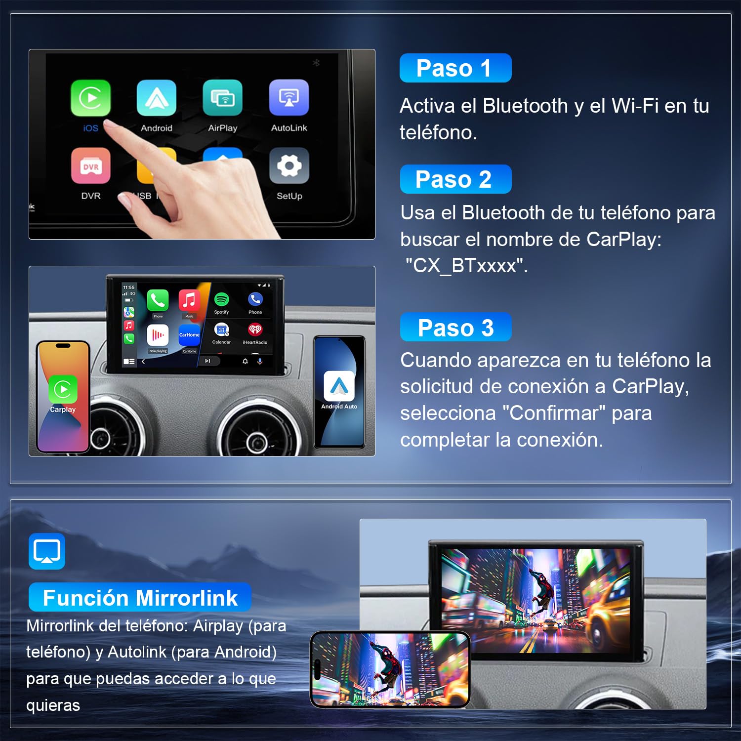 Kit di retrofit modulo decoder Wireless CarPlay/Android Auto compatibile con Audi A4/A5/S4/S5/RS4/RS5 e Q5 (2008–2018) per sistema MMI 3G, supporta comandi OEM, MirrorLink e telecamera posteriore