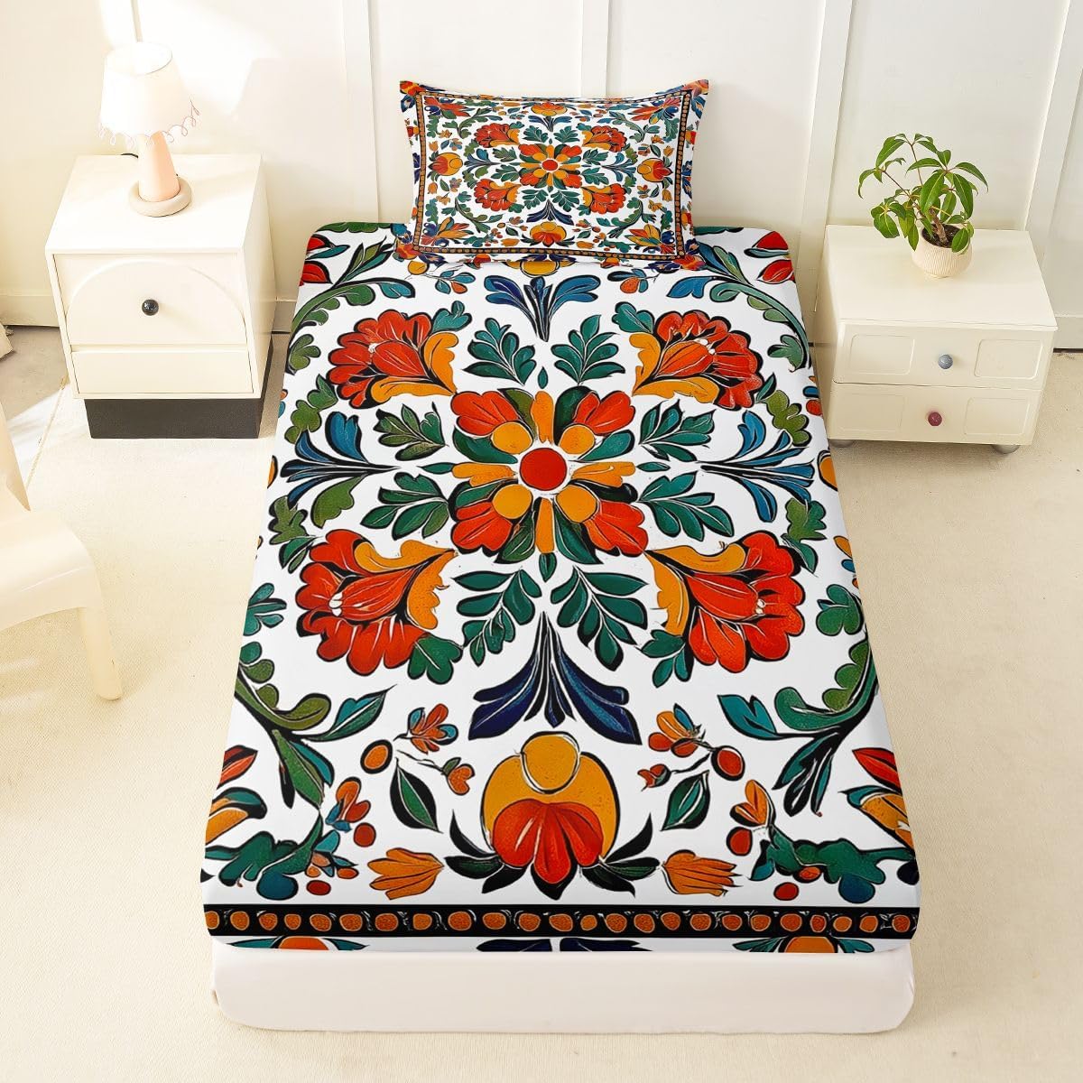 Erosebridal Orange Bohemian Grid Patchwork Bedding Set Twin Moroccan Tribal Ethnic Fitted Sheet Ethnic Bohemian Florals Bedding Set for Kids Girls Teens Adults Exotic Artwork Aesthetic Sheets 2 Pcs