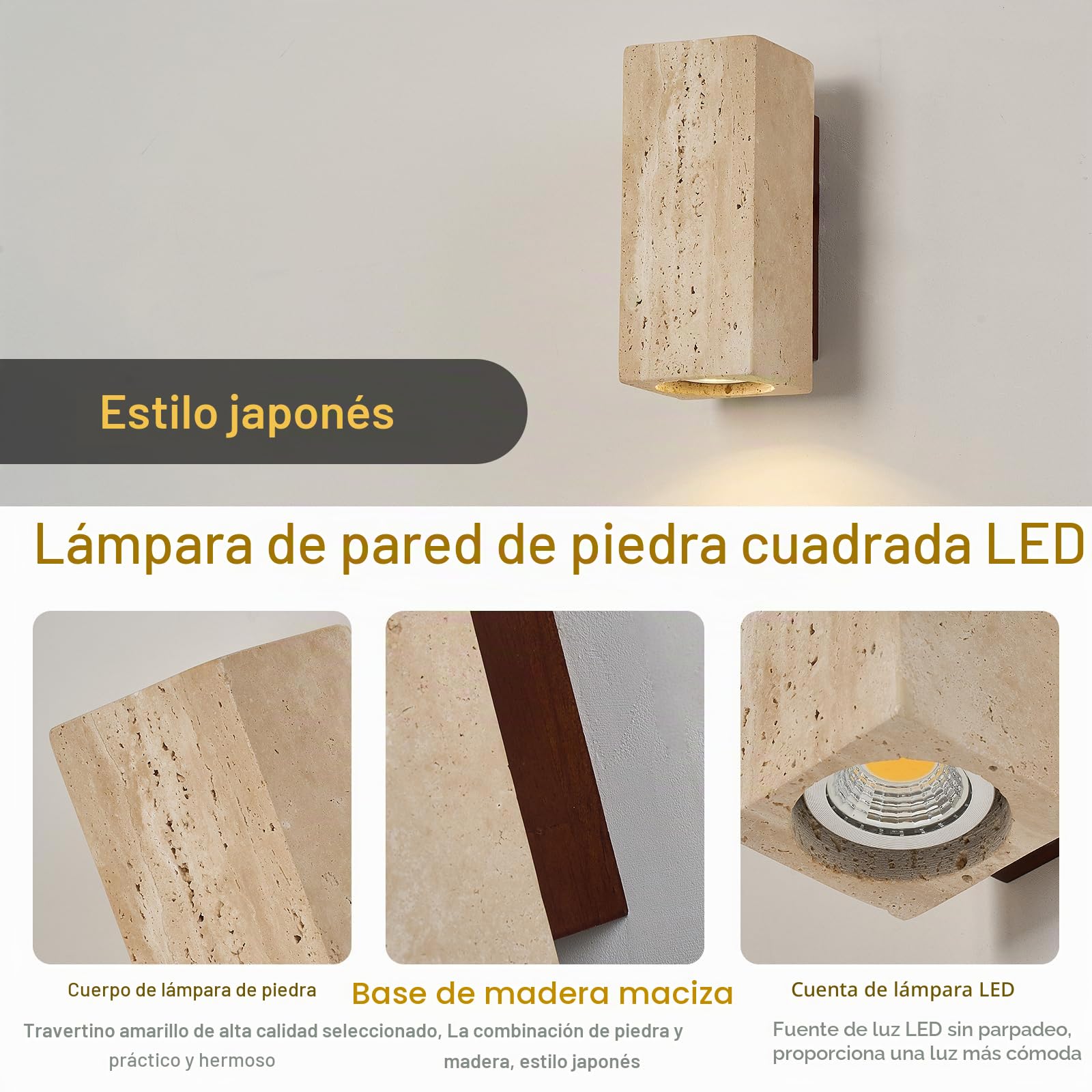 7W Lámpara de pared Piedra Travertino Beige Lamparas pared Wabi Sabi Apliques Piedra En Forma Columna Cuadrada Aplique interior de luz Cálida para dormitorio Comedor Cocina Entrada pasillo