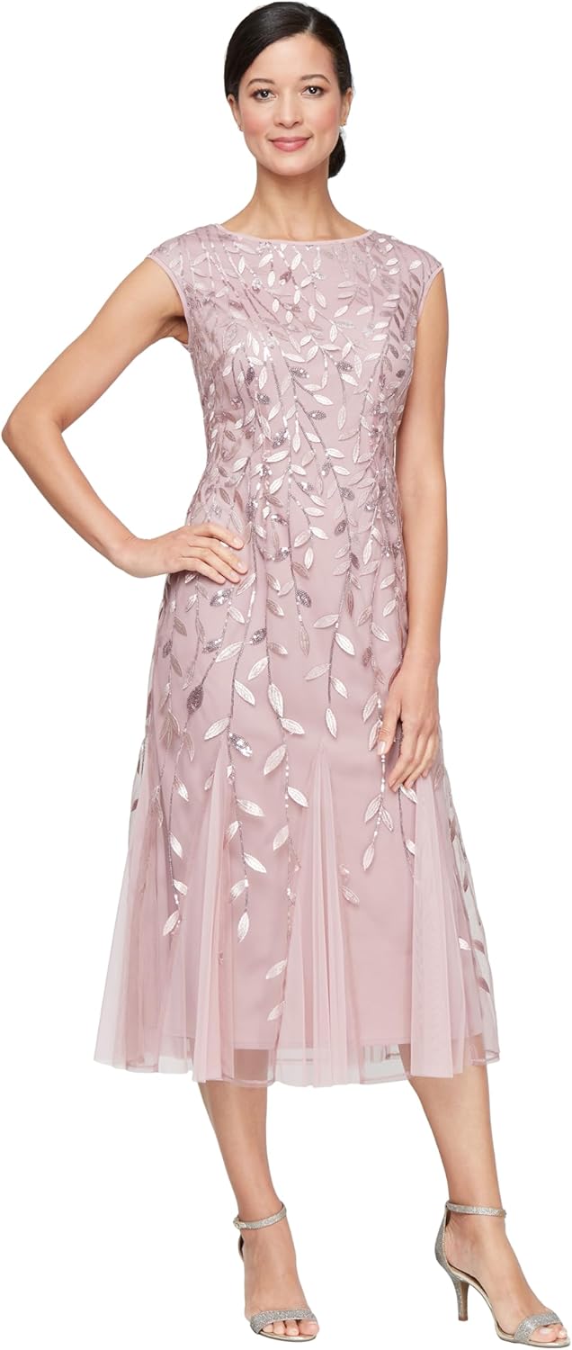 Alex Evenings Womens Short Embroidered Cocktail Dress, Wedding Guest (Petite and Regular Sizes)