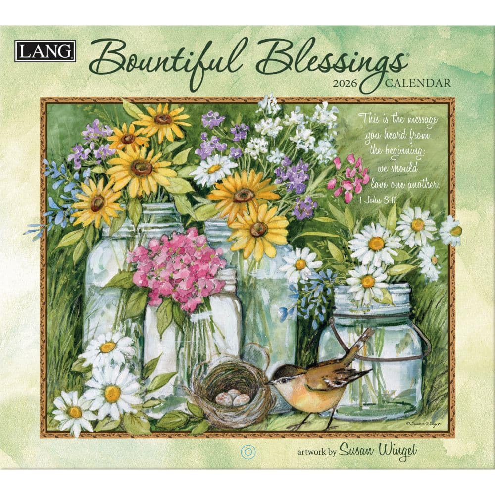 Lang Calendario da parete 2026 Bountiful Blessings, 34 x 30 cm, calendario 12 mesi con rilegatura pinzata, arte in rilievo in lino e scritture ispiratrici di Susan Winget