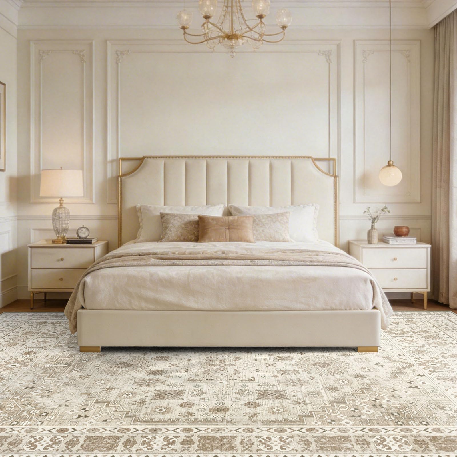 Capslpad Washable Rugs Living Room 240x340cm Distressed Vintage Area Rugs Non-Slip Traditional Oriental Bedroom Carpet Low Pile Thin Floor Mat Rug for Dining Room Kitchen Office Decor Beige - Image 3