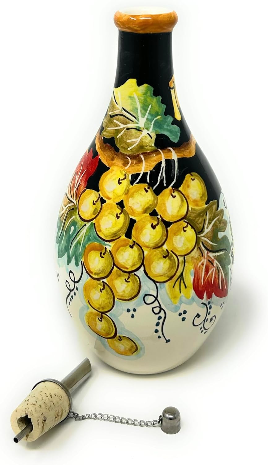 CERAMICHE D'ARTE PARRINI - Italian Ceramic Art Pottery Oil Cruet Dispenser Bottle Hand Painted Decorated Grapes Made in Italy Tuscan Florence