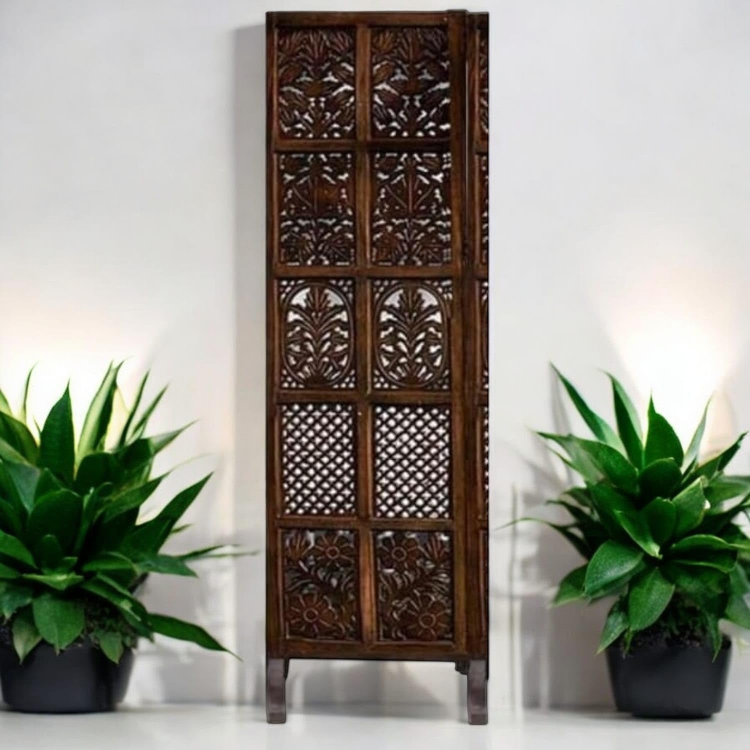 Wooden Room Divider - Privacy & Pooja Room Screen Divider, Support Base, Stable Partition Living Room and Office - Mix Frame Design-(6 feet 1 Panel with 2 Stand).-image-3