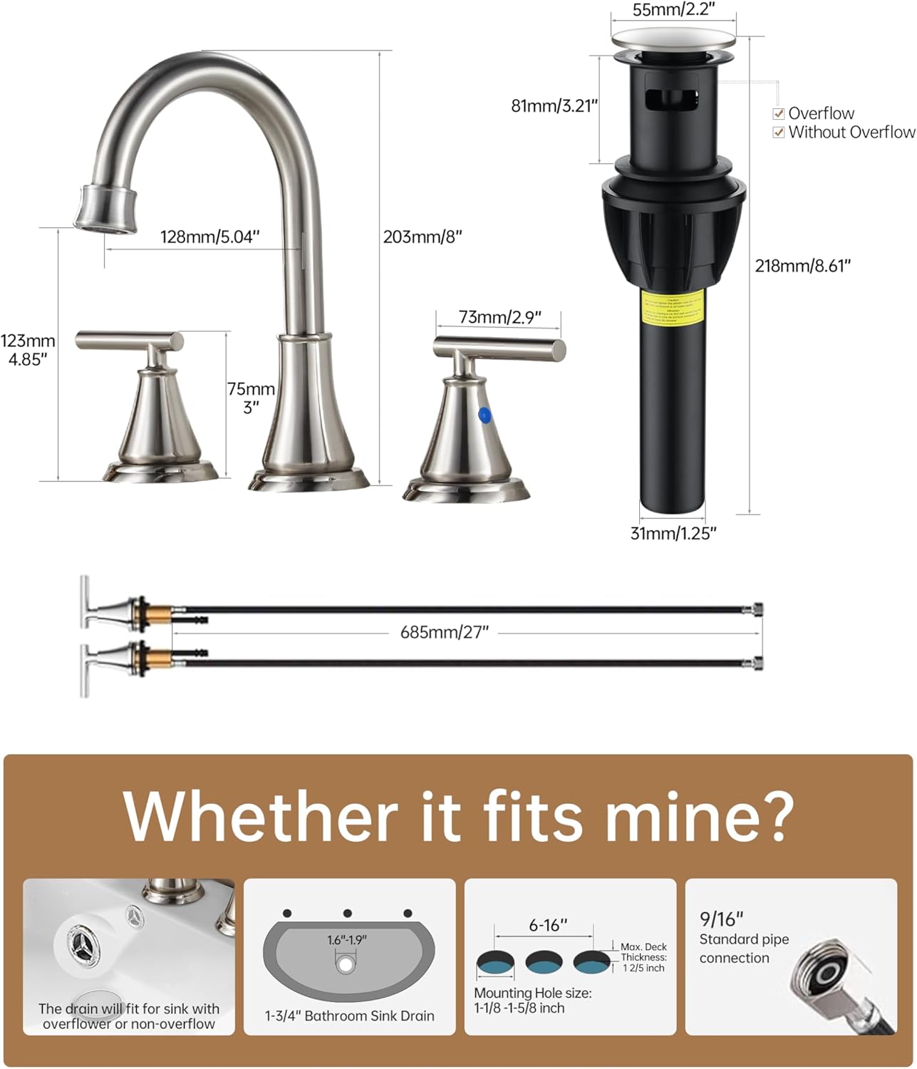 Fransiton 8 Inch Widespread Bathroom Sink Faucet 3 Hole, Brushed Nickel Bathroom Faucet with Metal Pop-Up Drain Assembly, Bathroom Vanity Faucet, 2 Handle for Sink - Image 2