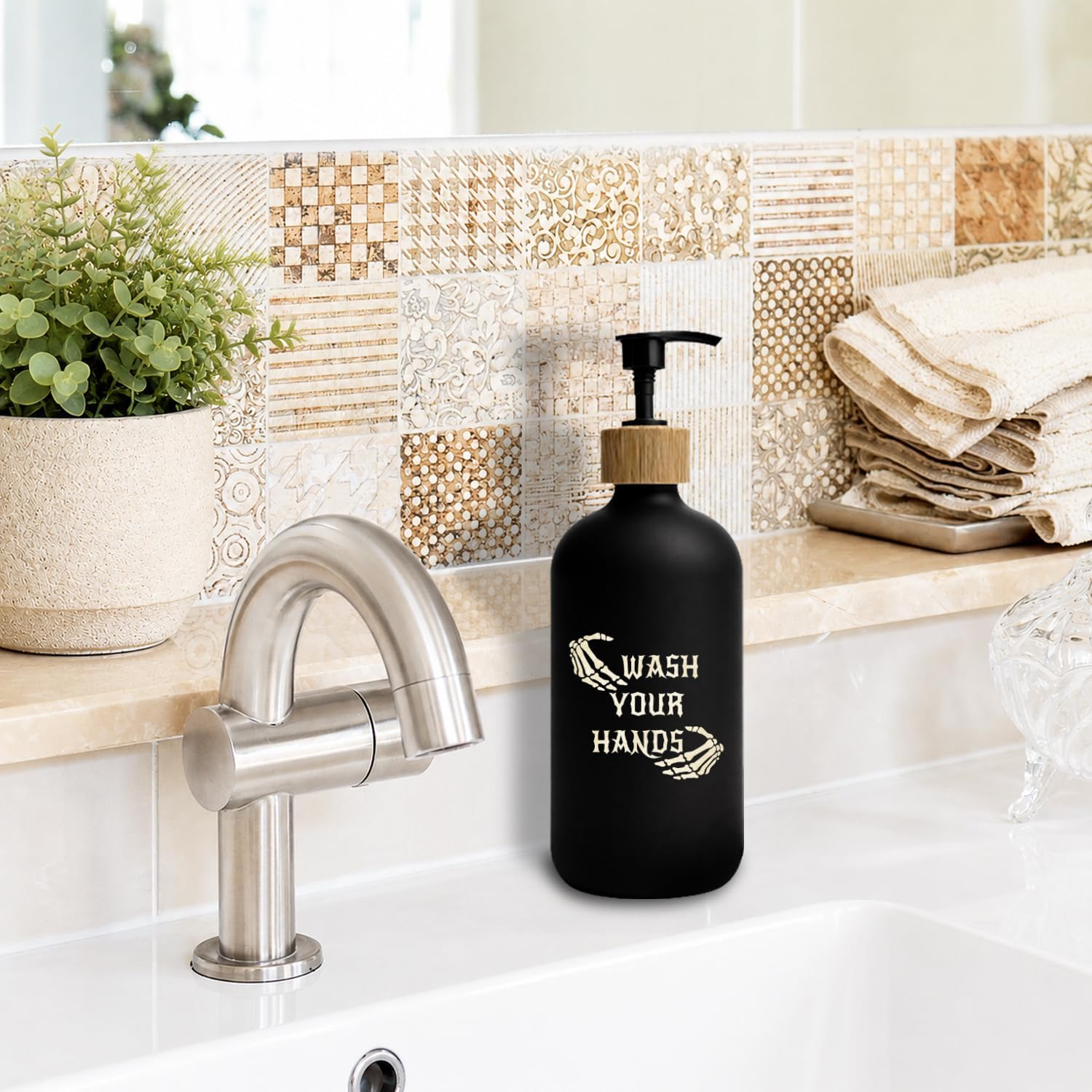 Gothic Skull Bathroom Glass Soap Dispenser, Wash Your Hands Soap Dispenser for Bathroom Washroom Countertop, Funny Goth Skeleton Refillable Handsoap Lotion Bottle with Pump