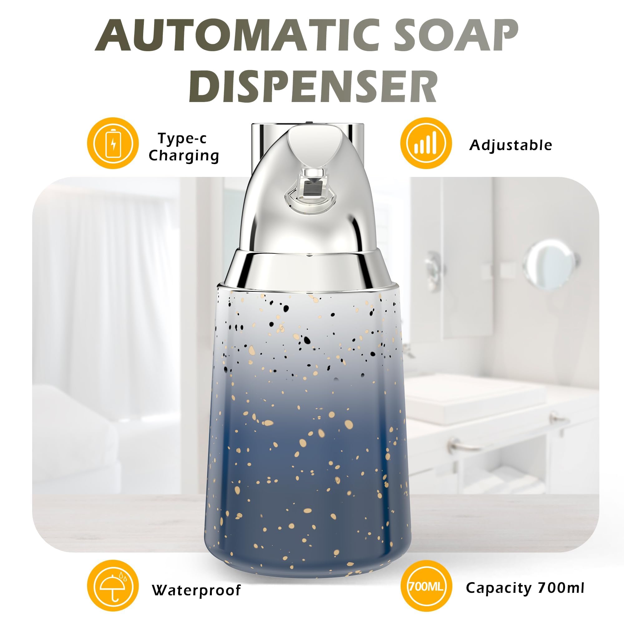 Dispenser di sapone automatico, con 4 livelli regolabili, erogatore di sapone elettrico senza contatto a batteria da 300 ml, con sensore, impermeabile IPX6, per bagno, cucina