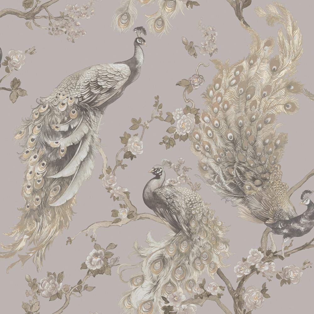 Menali Peacock Glitter Wallpaper Grey White Birds Leaf Floral Vinyl Y�L