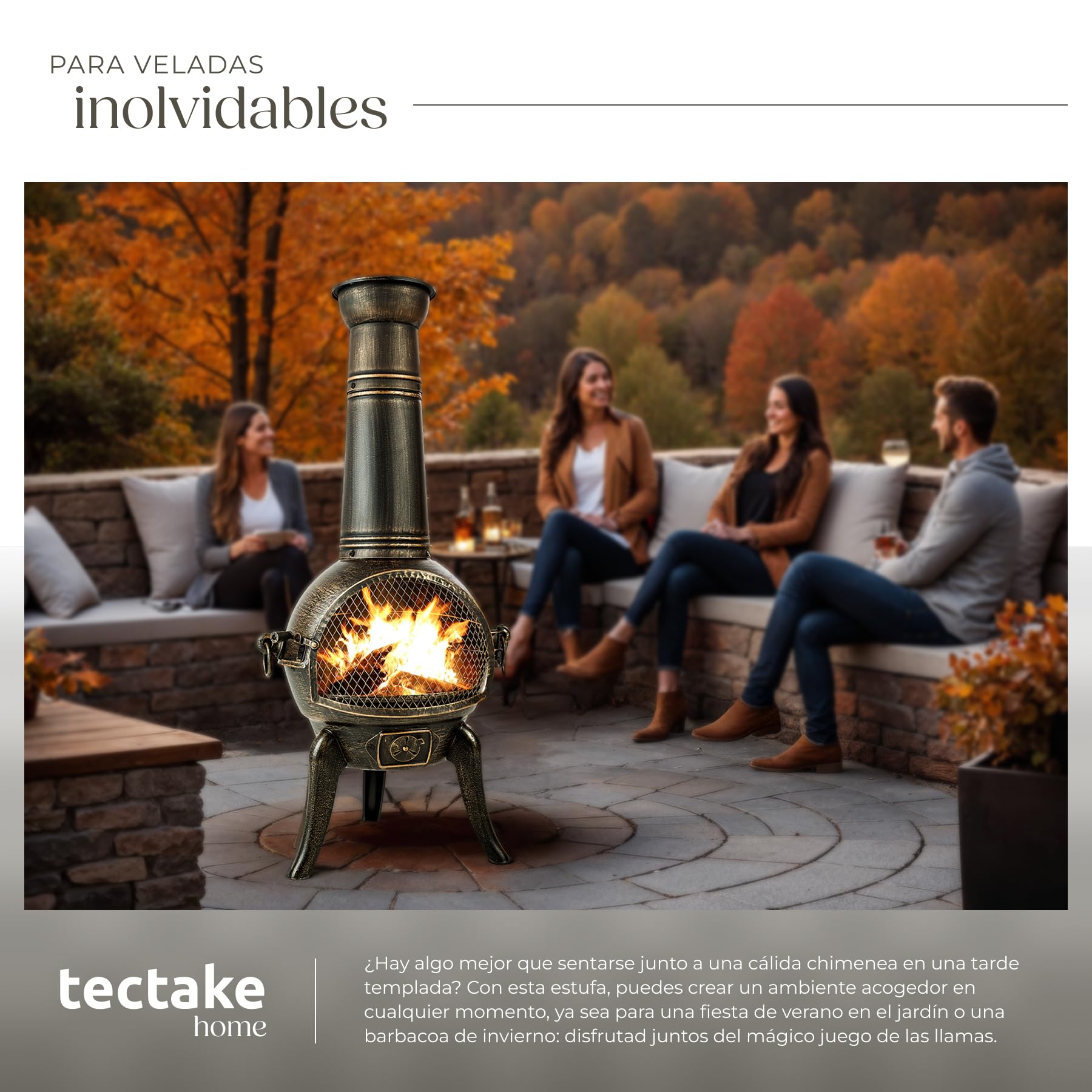 tectake® Estufa de Hierro Fundido Exterior, 44 x 52 x 115 cm, Chimenea con Puerta Anti-chispas, Parrilla Extraíble, Tapa para Tiro, Incluye Atizador, Ideal para Terraza Exterior y Jardín