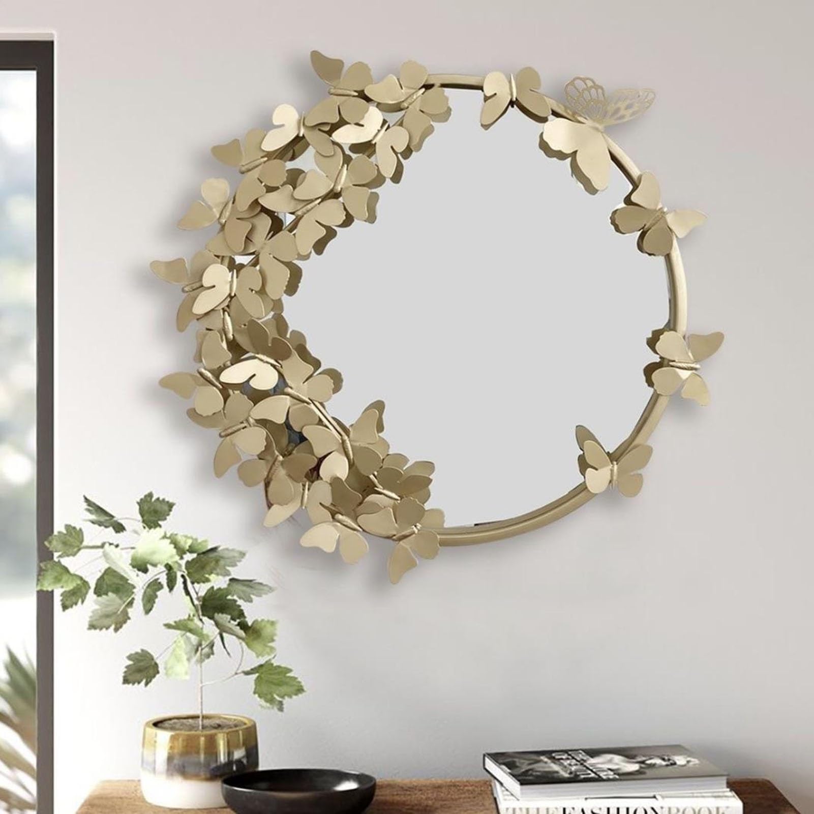 Espejo redondo grande – Espejo decorativo de pared de metal para sala de estar, entrada, hotel, salón, diseño de mariposa dorada