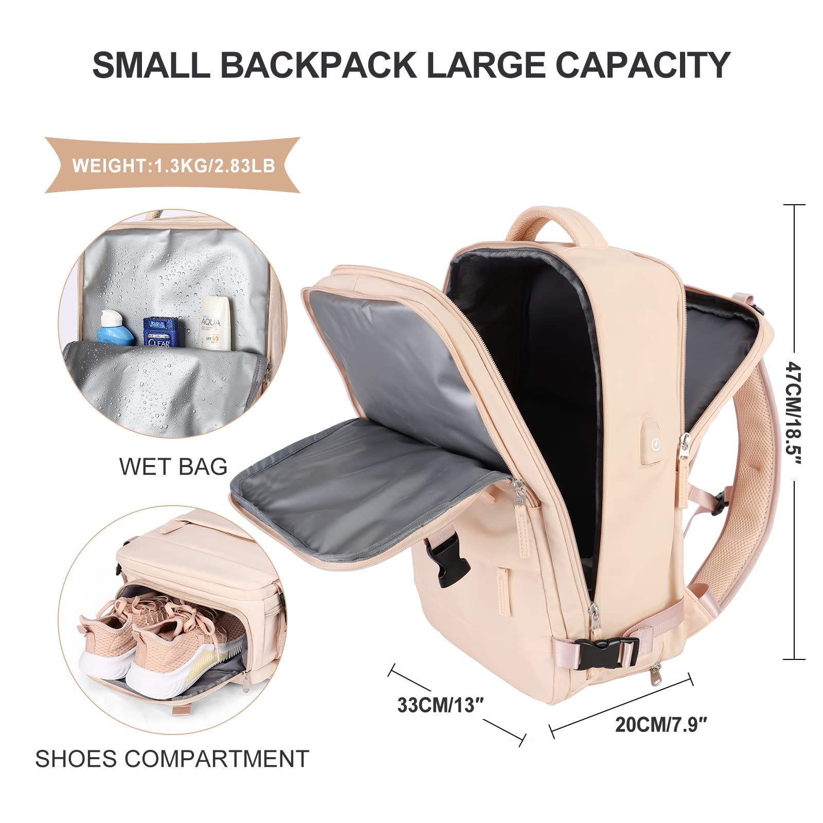 SZLX Zaino da viaggio grande da donna da viaggio zaino da escursionismo sportivo da esterno impermeabile zaino da scuola casual laptop da 14 pollici con porta di ricarica USB scomparto per scarpe