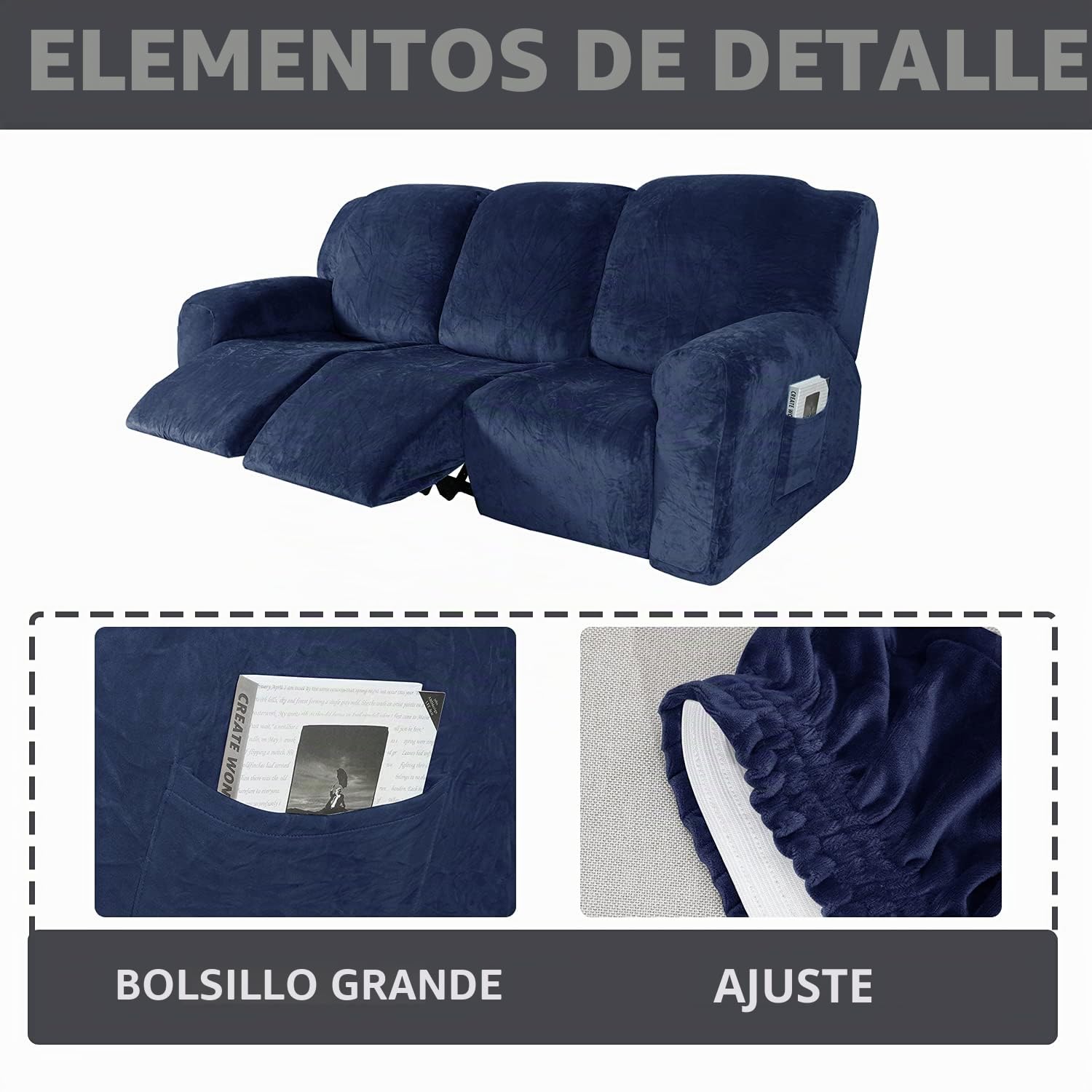 ele ELEOPTION Funda de Sillón Reclinable Relax, Funda de Sillón Extensible de Terciopelo, Funda de Sillón de Masaje Lavable en Casa, Protector de Sillón Reclinable - 3 Plaza (8 Piezas), Marina