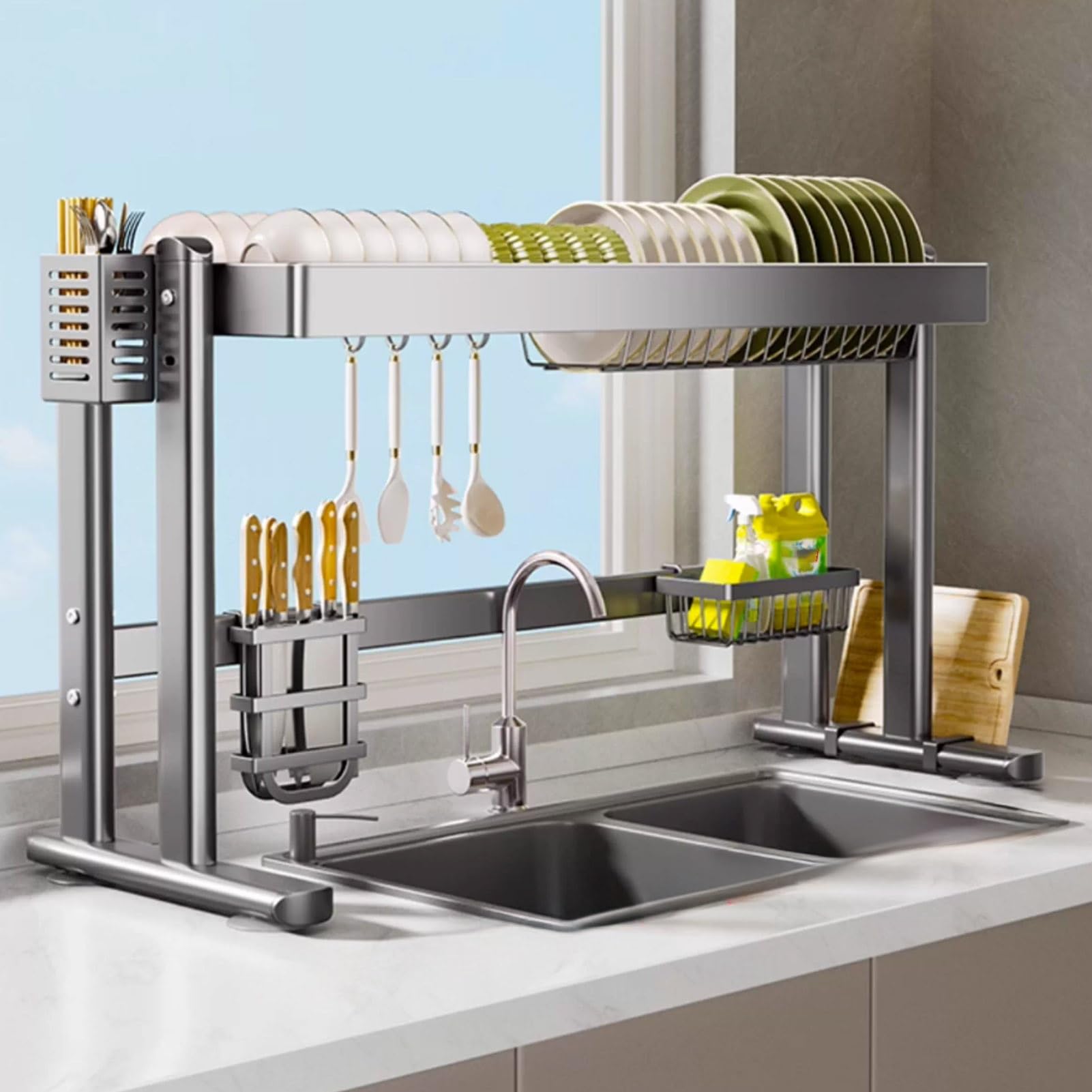 Égouttoir à vaisselle au-dessus de l'évier, hauteur réglable, égouttoir de cuisine en métal à 2 niveaux, grand porte-ustensiles, multifonction pour l'organisation de la cuisine, design peu encombrant