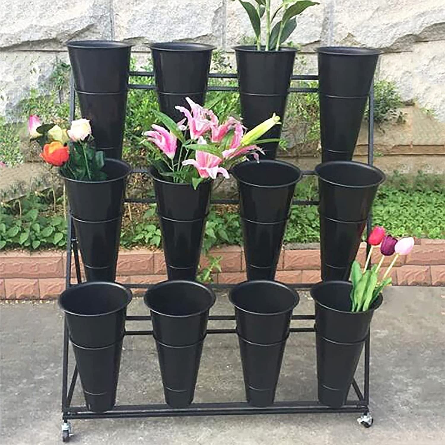 Espositore per Fiori con 12 secchi in plastica - Supporto per Piante in Ferro con 4 Ruote universali, ripiano per Bouquet di fiorista Mobile in Metallo a 3 Strati per ne