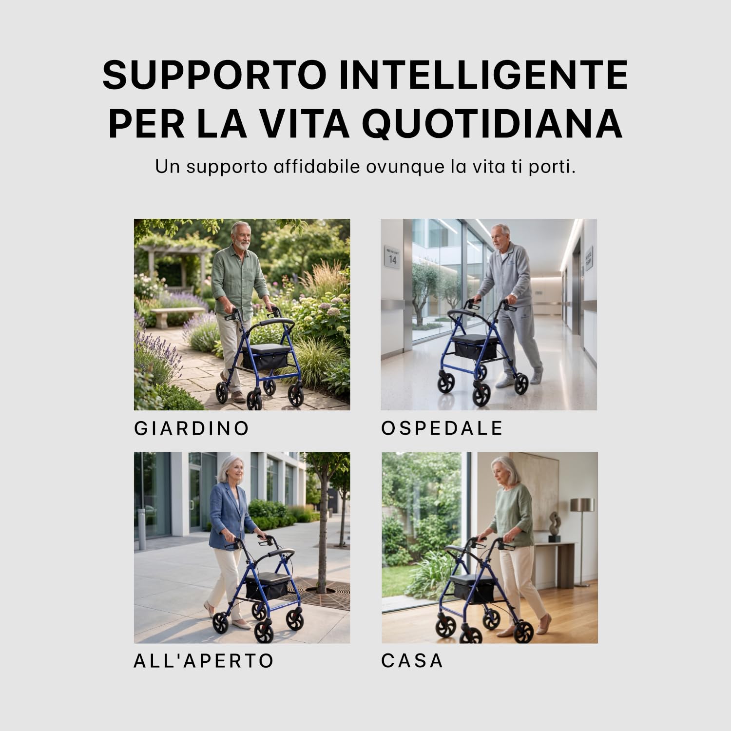 Deambulatore pieghevole leggero con sedile, 4 ruote, freni e borsa portaoggetti – Ausilio per la mobilità per anziani e adulti – Altezza regolabile, compatto e portatile