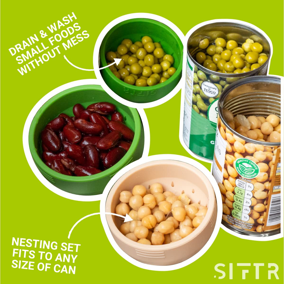 Colador de latas de anidación (verde) - Coladores pequeños y coladores que ahorran espacio - Accesorio de cocina multiusos - Colador de latas de silicona
