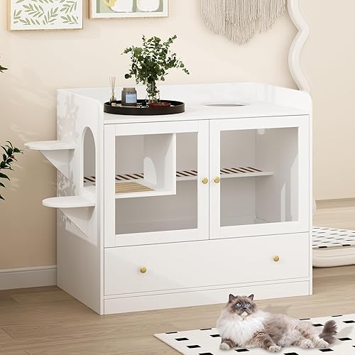 MOOLIVE Caja de arena grande para gatos, mueble oculto para gatos con cajón y pasarela de fugas de arena, casa de gato de madera para dormitorio,