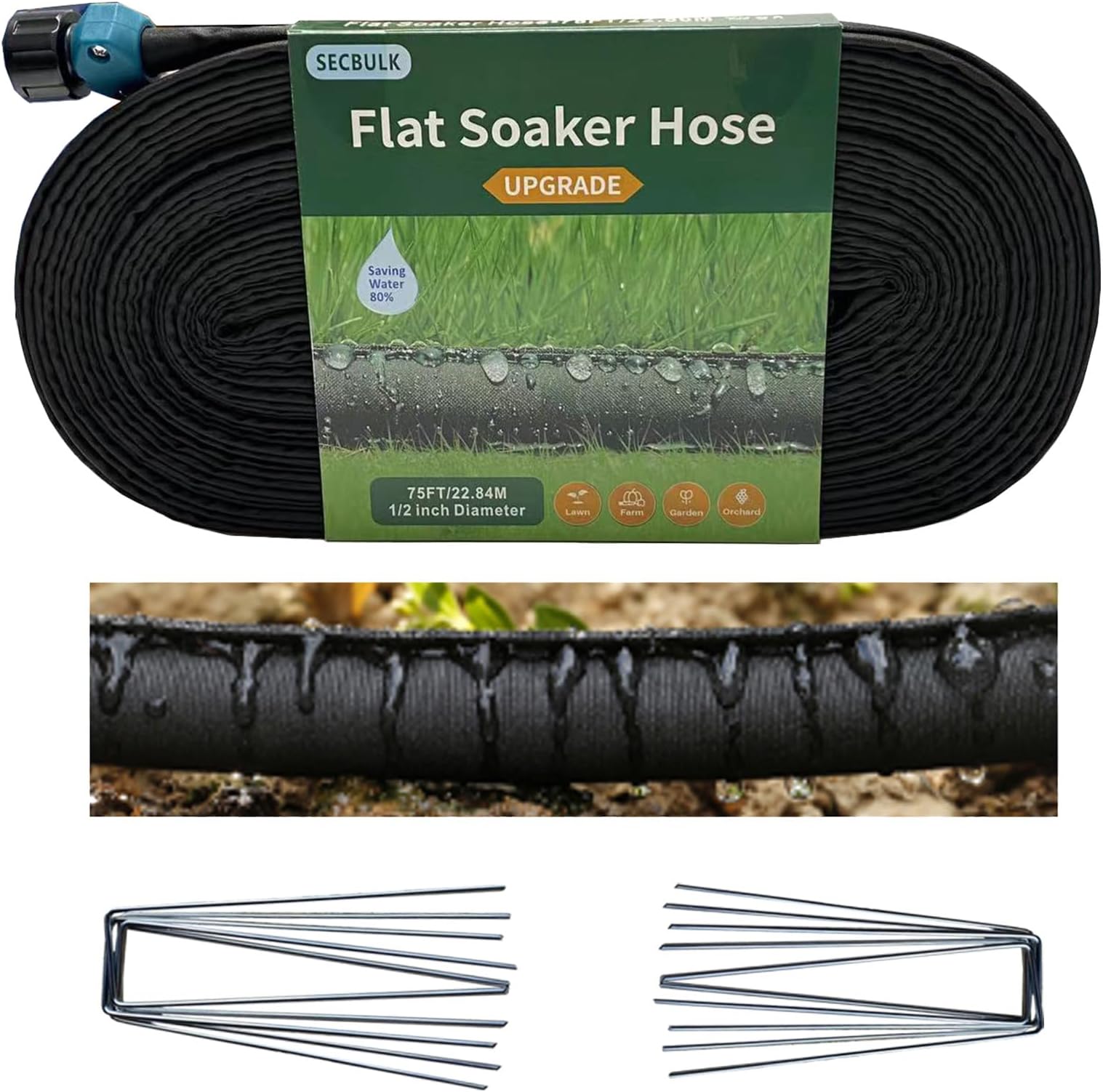 2024 Flat Soaker Hose 75 ft with Stakes for Garden, 75ft Linkable Drip Hose Diy Automates Garden Irrigation System Saving 80% Water, Dual-layer Leak-free Design Water Hose with Holes
