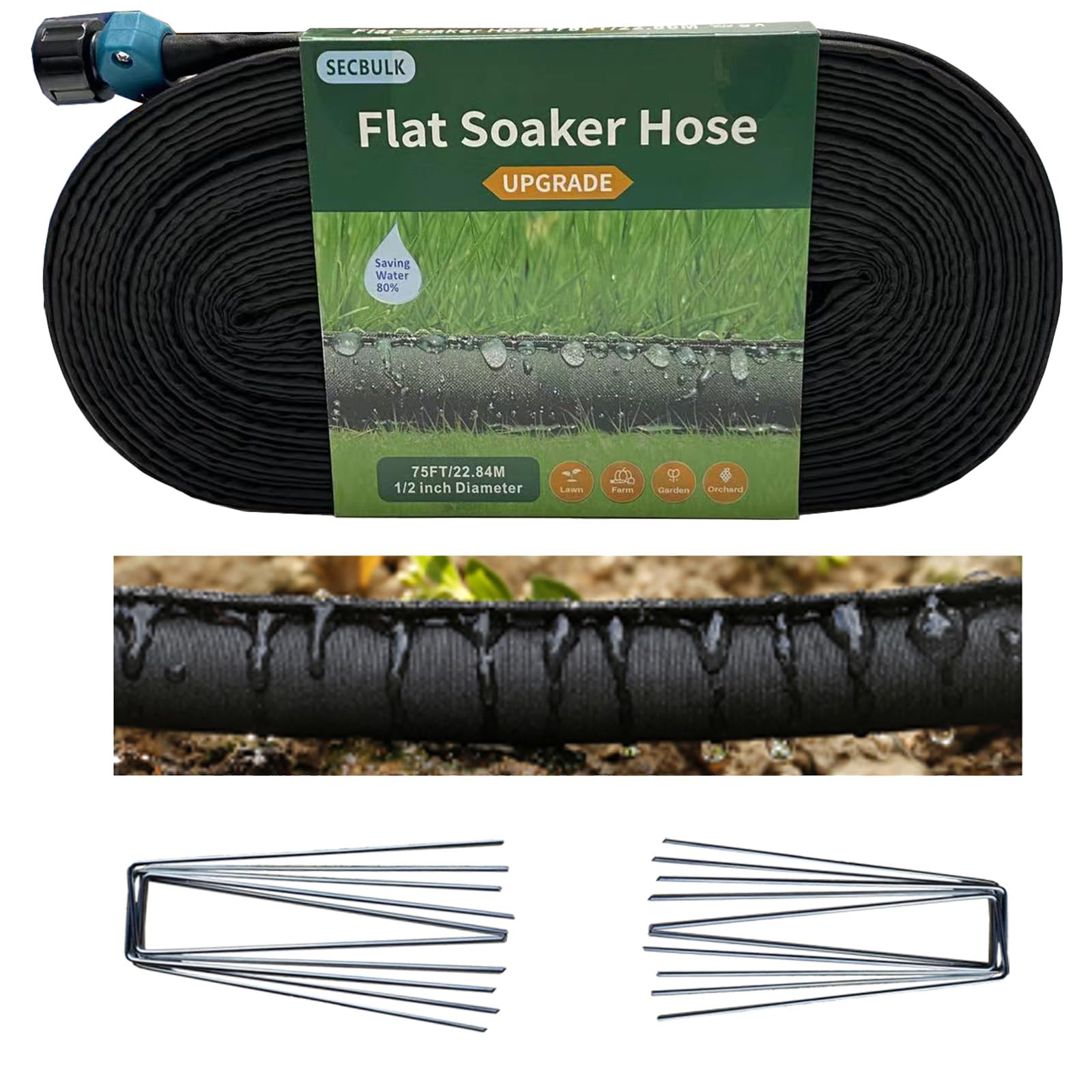 Secbulk 2026 Flat Soaker Hose 75 ft with Stakes for Garden, 75ft Linkable Drip Hose Diy Garden Irrigation System Saving 80% Water, Dual-layer