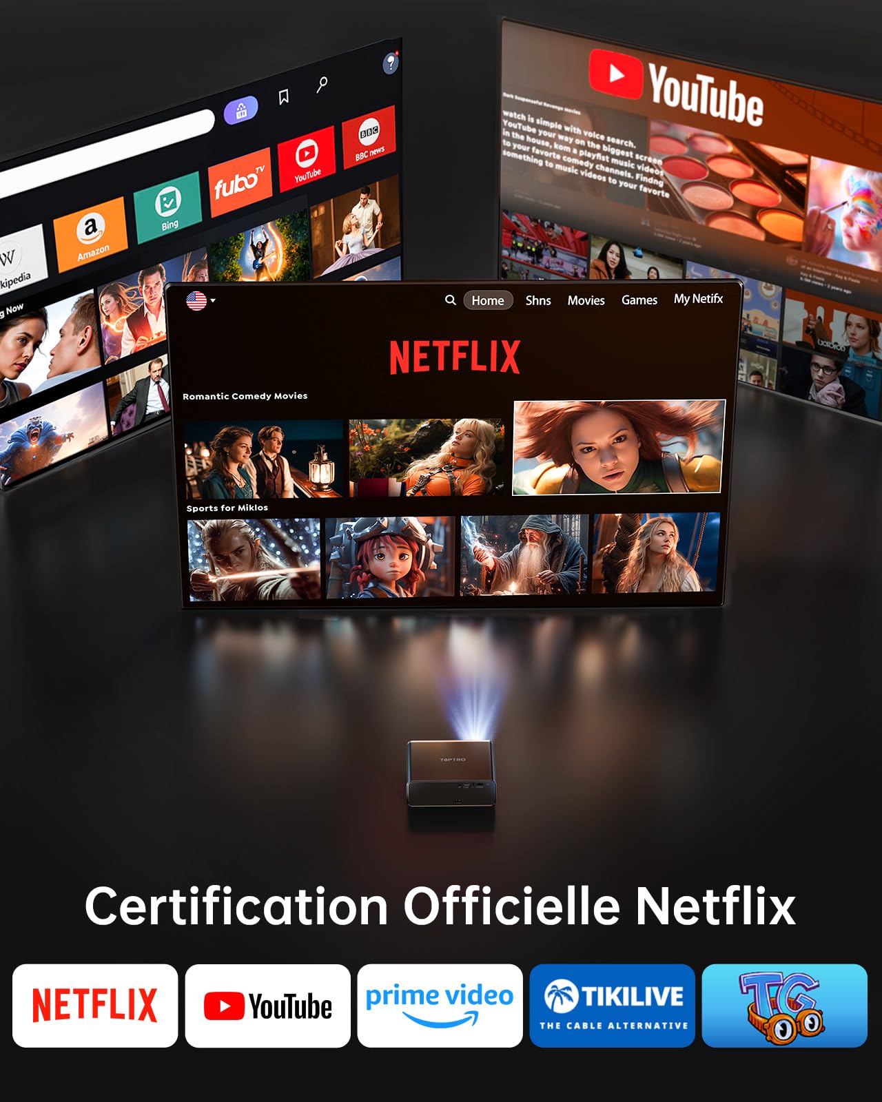 Videoprojecteur 4K Home Cinema, 1000 ANSI Portable Projecteur Video Compatible Netflix, Audio Dolby 20W, TOPTRO FHD 1080P HDR10 Retroprojecteur, Auto Focus/Keystone, Zoom 50%, WiFi Bluetooth Projector