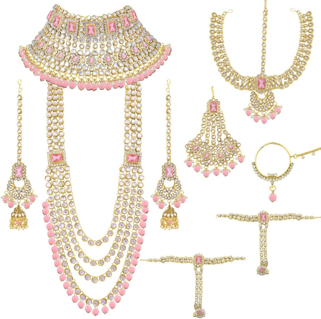 Traditional Wedding Indian Bharatanatyam jewellery set Long Choker Necklace Earrings Maang Tikka Nath Paasa Hath Phool for Women