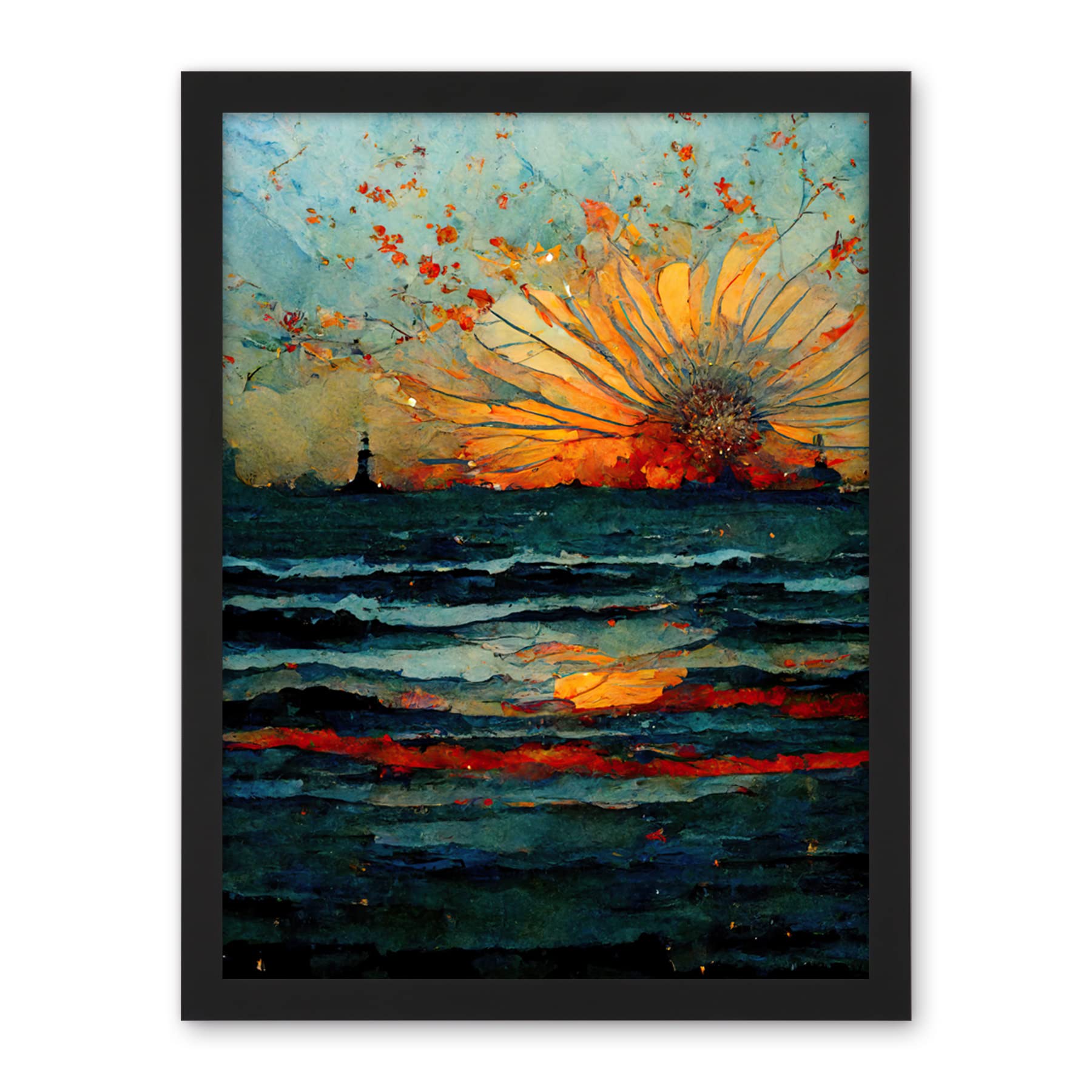 Artery8 Seascape Sunset Port City Waves Horizon Artwork Framed Wall Art Print 18X24 Inch