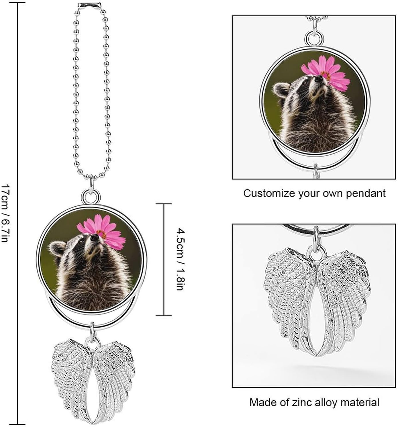 Rose Flower Raccoon Guardian Angel Car Charm for Rear View Mirror image 2