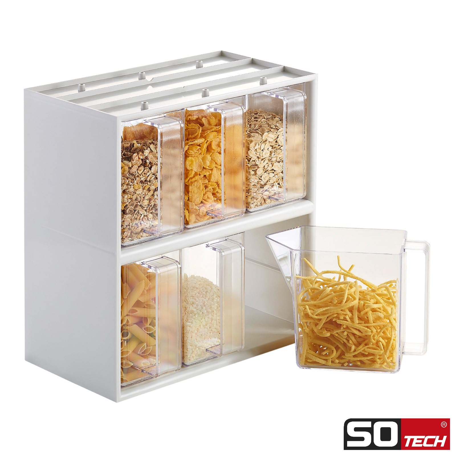 SOTECH Schüttenkasten Set 267 x 292 x 150 mm weiß mit 6 Schütten (0,9 Liter, glasklar/transparent) Mehlschütte für Oberschränke ab 300 mm Korpusbreite
