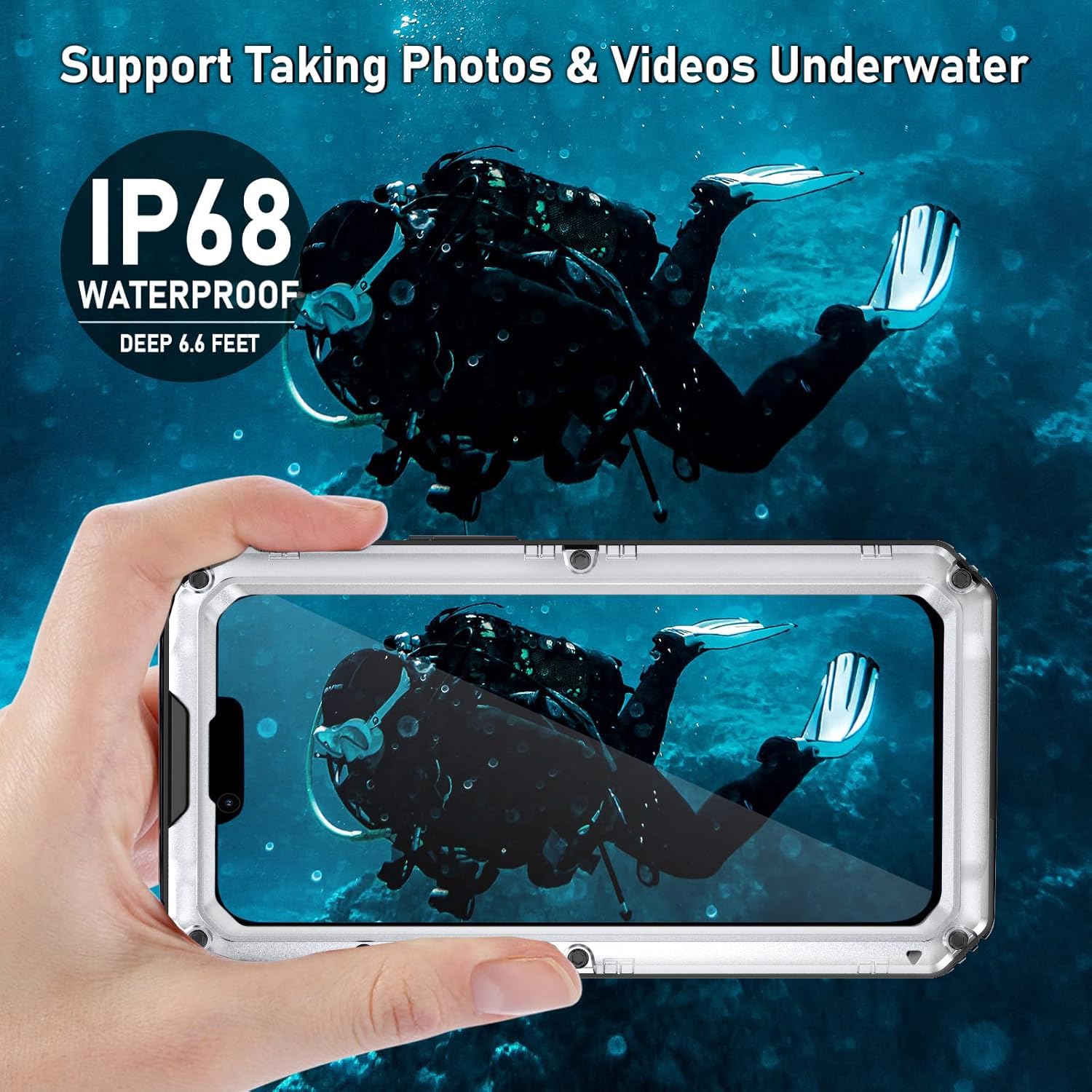 Beeasy Cover per iPhone 13 IP68 Impermeabile Custodia Militare Antiurto Resistente 360° Metallo Armor Protezione Schermo Integrata Rugged Robusta Indistruttibile Subacquea Antipolvere Argento
