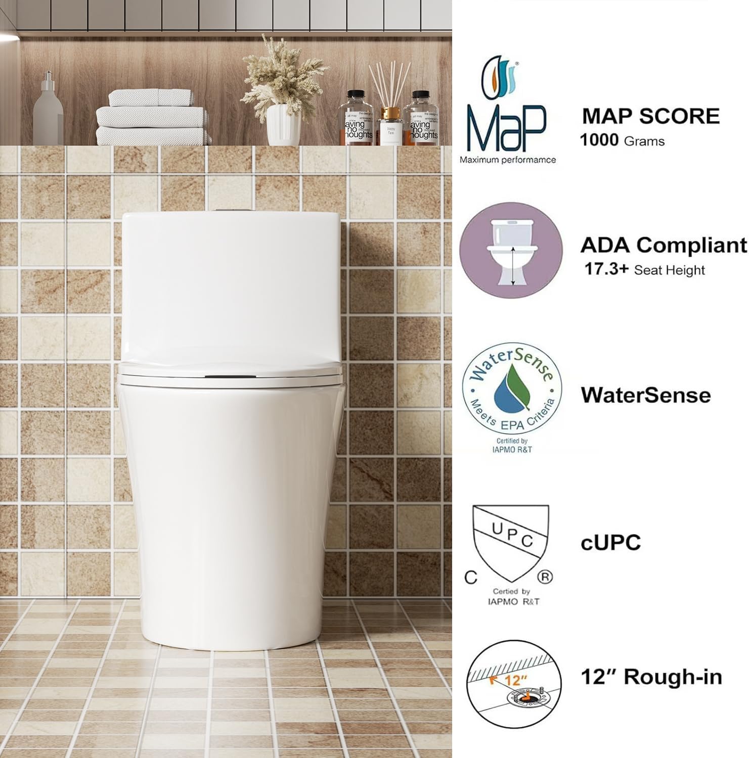 Elongated One Piece Toilet with ADA Comfort Height, Seat Chair Height 17.3" Modern Toilet for Bathroom, Dual Flush 0.8/1.6 GPF, MAP 1000g, 12" Rough-In, Soft Closing Seat, Glossy White