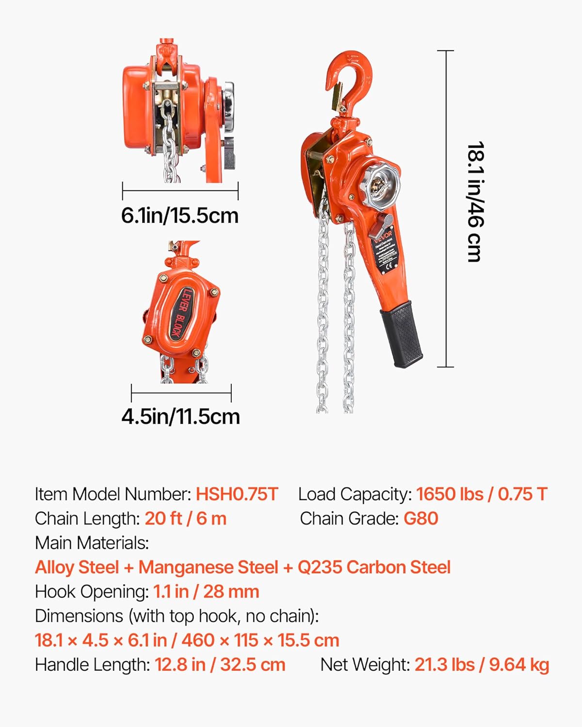 VEVOR Manual Lever Chain Hoist, 3/4T 1650LBS Capacity Heavy Duty Come Along, 20FT Lift G80 Alloy Steel Chain with Dual Pawl Mechanical Brake,360°Rotating Hooks, for Warehouse Construction Garage - Image 7
