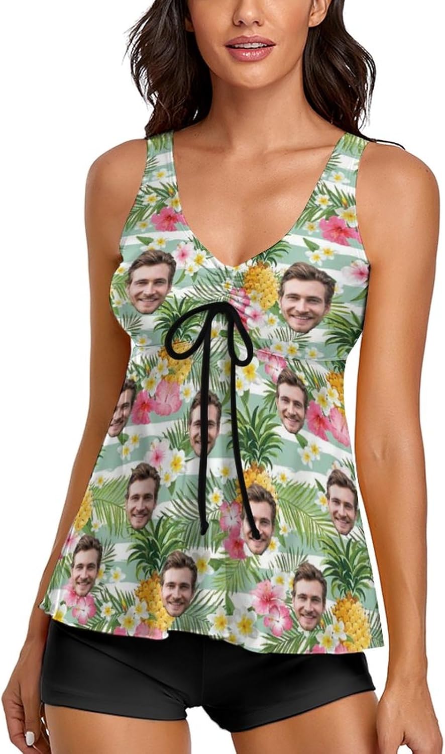 Custom Face on Tankini Swimsuits for Women American Flag Bathing Suits Swim Tank Top with Boy Shorts Swimwear(Plus Size)