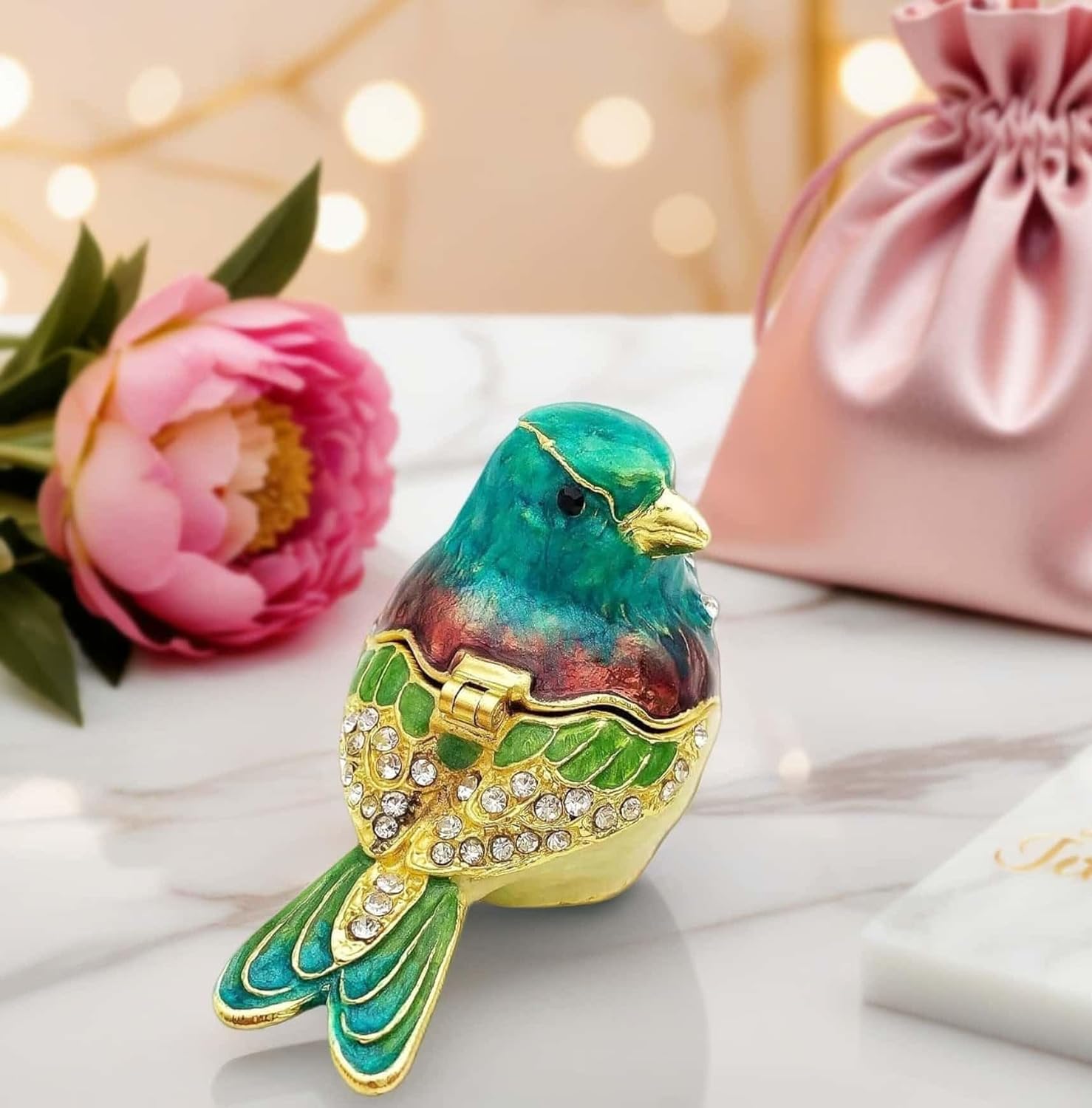 Turquoise Green Bird Trinket Boxes Hinged,Bird Decor with Crystals Enamel Jewelry Box.Necklace Ring Box Earrings Storage.Collectible Birds Lover Gifts Figurines Home Decor - Image 7