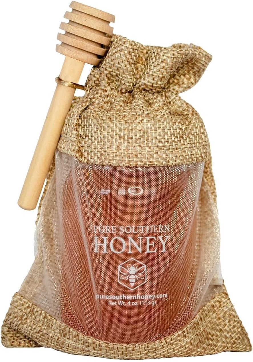 100% Authentic, USA – Made [ 4 oz ] MINI Raw Unfiltered Honey Gourmet Gift Bag with Dipper, Pure Southern Honey - Unheated - Non - GMO, No Additives, All - Natural Sweetener- Environmental-Friendly Glass Jar
