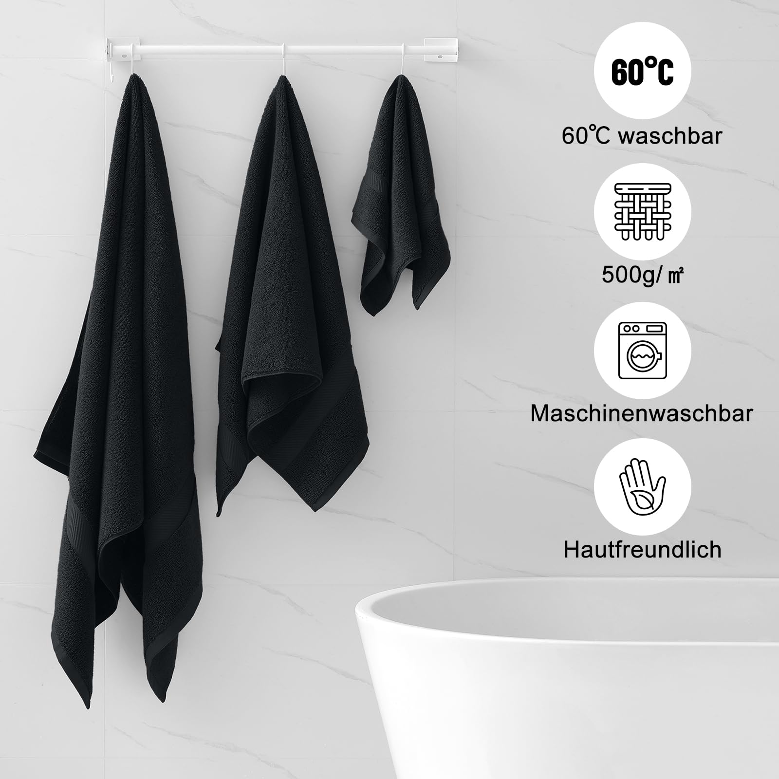 Homaxy Juego de 6 toallas de mano, 100 % algodón, 500 g/m², suaves y absorbentes, lavables hasta 60 °C, 2 toallas de baño de 70 x 140 cm y 4 toallas de mano de 50 x 100 cm, color negro