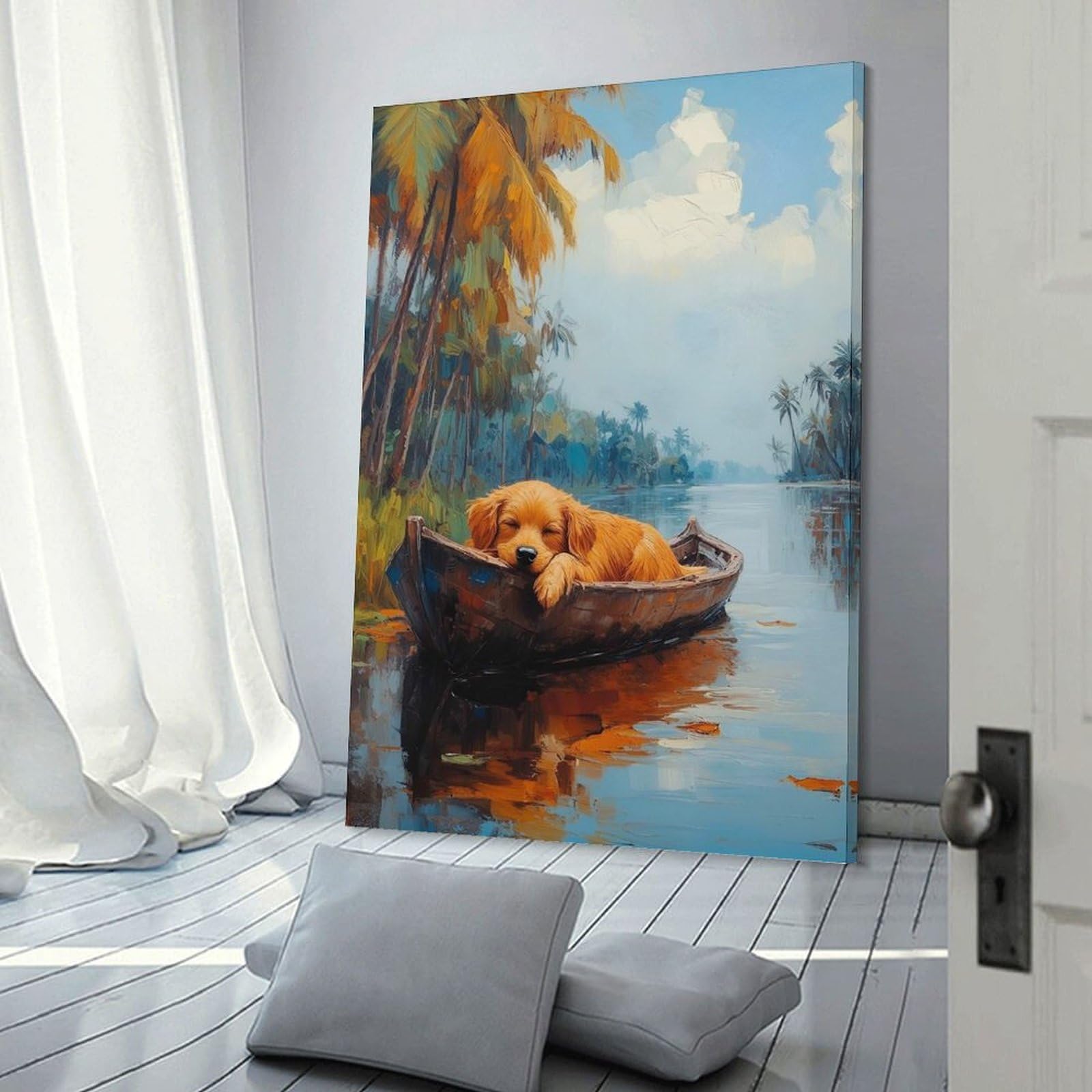 Junmoney Frame-Style-7 Sleeping Dog In Boat Painting Decorative Canvas Print, 16X24inch(40X60cm), For Contemporary Homes, Apartments Or Offices, Home Artwork For Modern Interiors