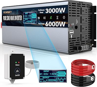 3000W Pure Sine Wave Power 12V Inverter DC to AC 110V 120V Peak Power 6000W.