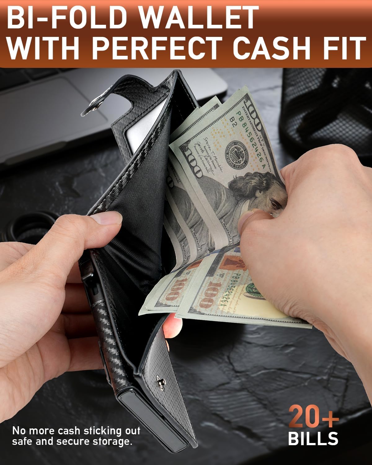 LIUGX Mens Wallet Set with Keychain, Slim Bifold Leather RFID Minimalist Wallet with Pop Up Card Holder, Holds 20 Cash Bills & 12 Cards, SD & Nano Sim Slots, Snap Closure, Carbon Fiber Black - Image 3