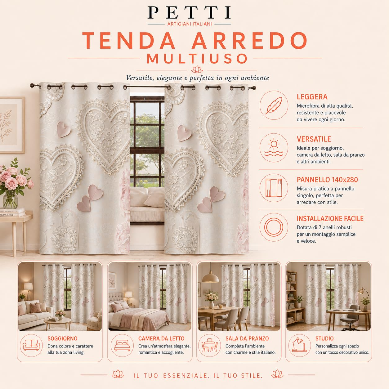 PETTI Artigiani Italiani - Tende a Pannelli per Interno con Anelli 2 Pezzi 140x280cm, Tenda Camera da Letto e Soggiorno Oscuranti Isolanti e Moderne, Floreale F150, 100% Made in Italy