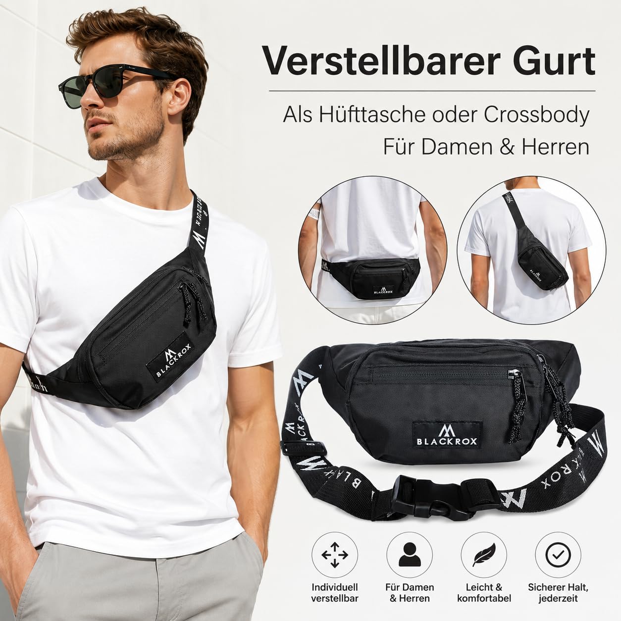 BLACKROX Gürteltasche Bauchtasche Unisex Hüfttasche, Geldgürtel, Sport & Fitness Damen & Herren, Wasserdicht Sporttasche, Outdoor, Laufgürtel, Waist Bag, Wandern,Reisen Schwarz