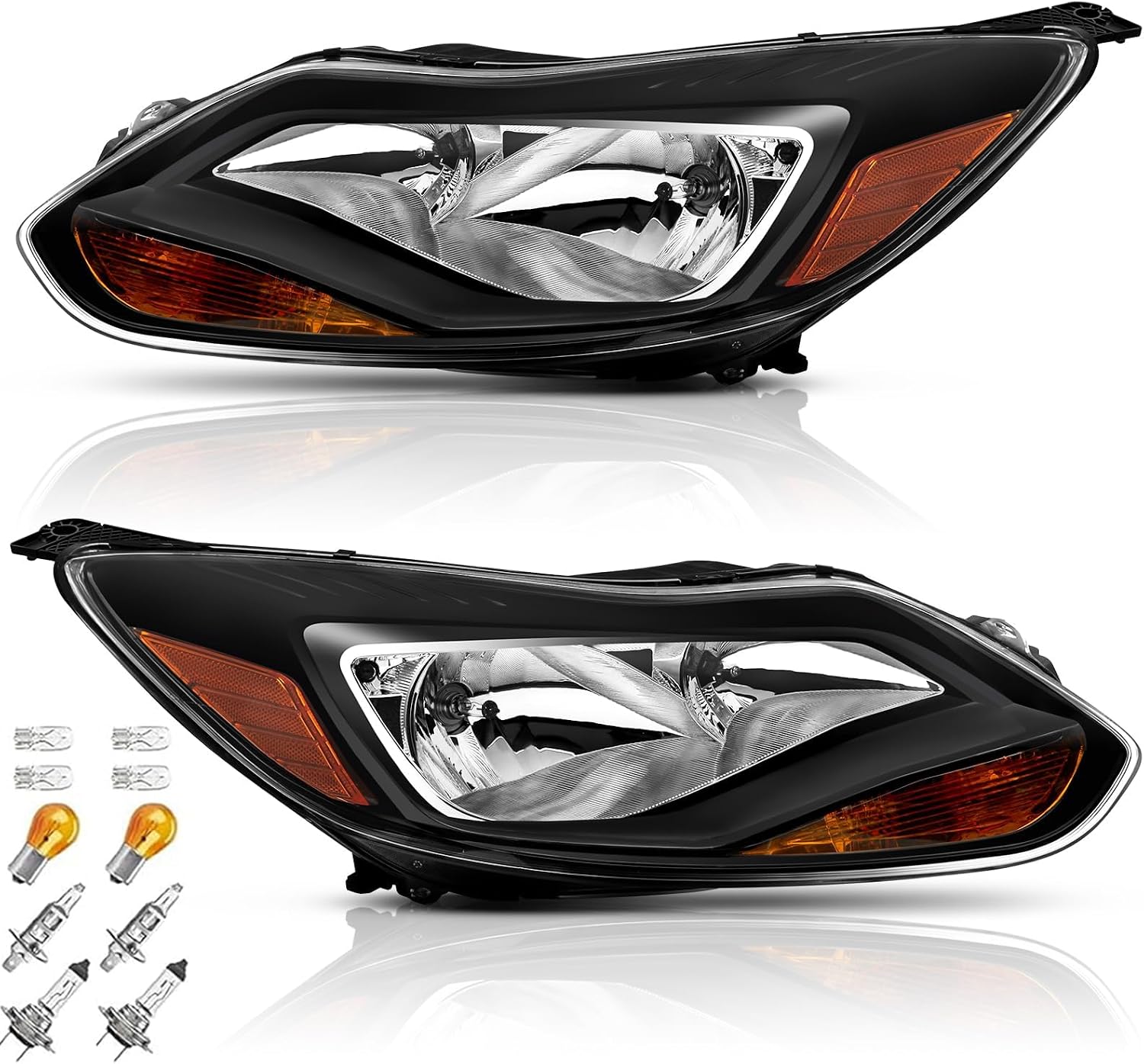 Headlights Assembly Pair with Bulbs for 2012 2013 2014 Ford Focus Halogen Head Lamps Replacement Driver and Passenger Side,Black Housing Amber Reflector