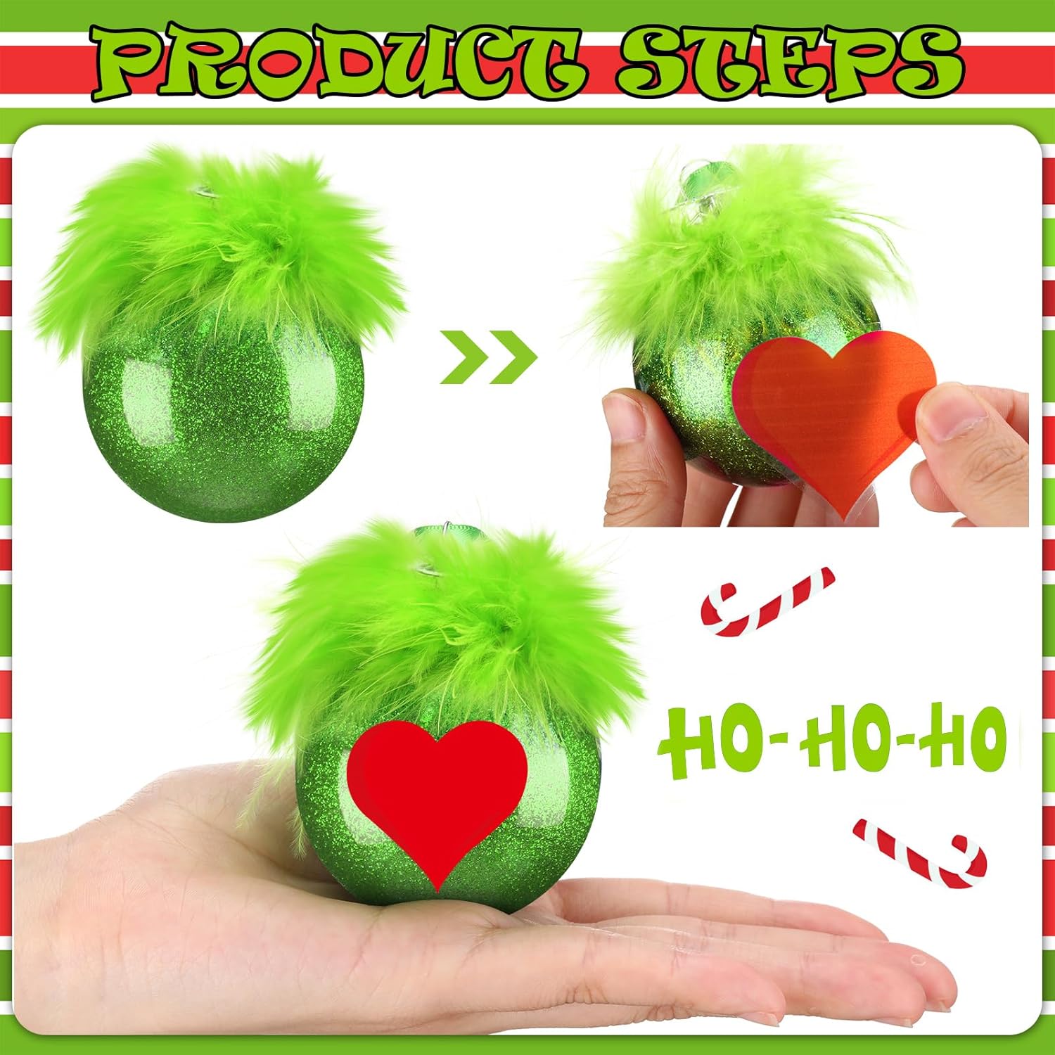 12 Set Lime Green Furry Christmas Ball Ornaments 2.4" Green Monster Hanging Ornaments with Fuzzy Hair Red Santa Hats Glitter Elf Xmas Balls with Stickers for Christmas Party Gifts Supplies - Image 3