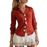 Striped 3/4 Sleeve Button Down Collared Shirt Women Y2k V Neck Crop Top Vintage 2000s Fairy Grunge Blouses