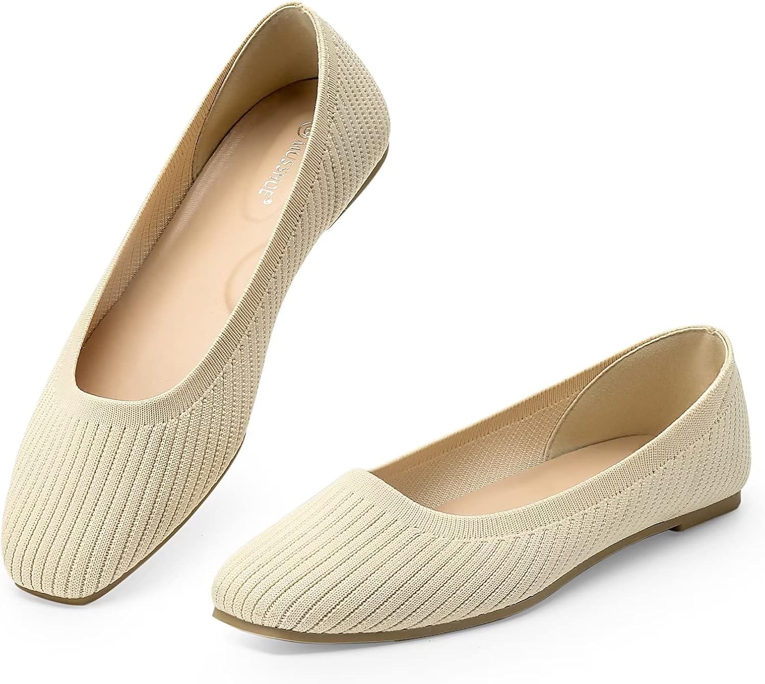 MUSSHOE Flats Shoes Women Comfortable Square Toe Breathable Women's Flats 9 Beige