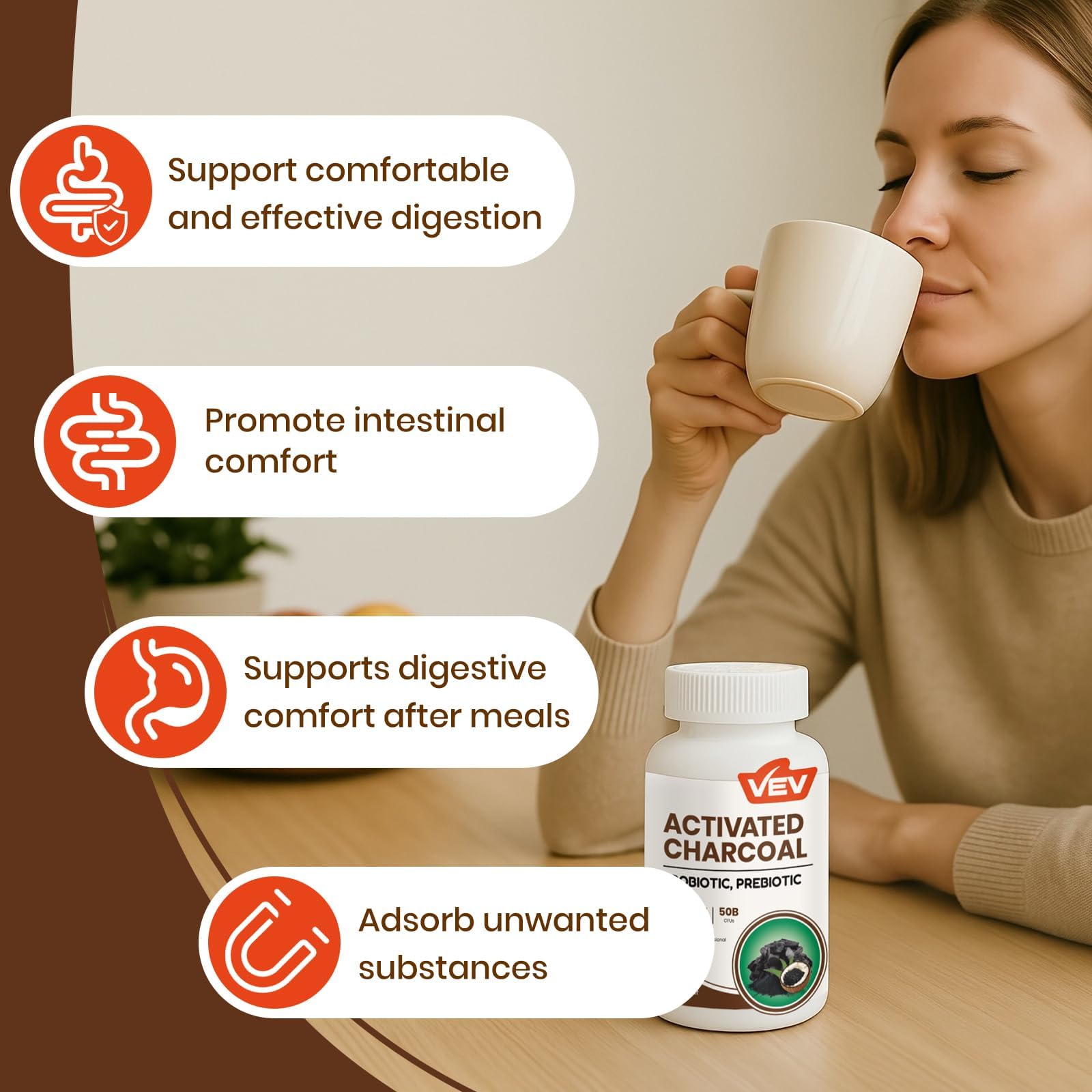 VEV Activated Charcoal Capsules 1200mg, 50B Probiotics, 120 Vegan Capsules — Amazon image 5