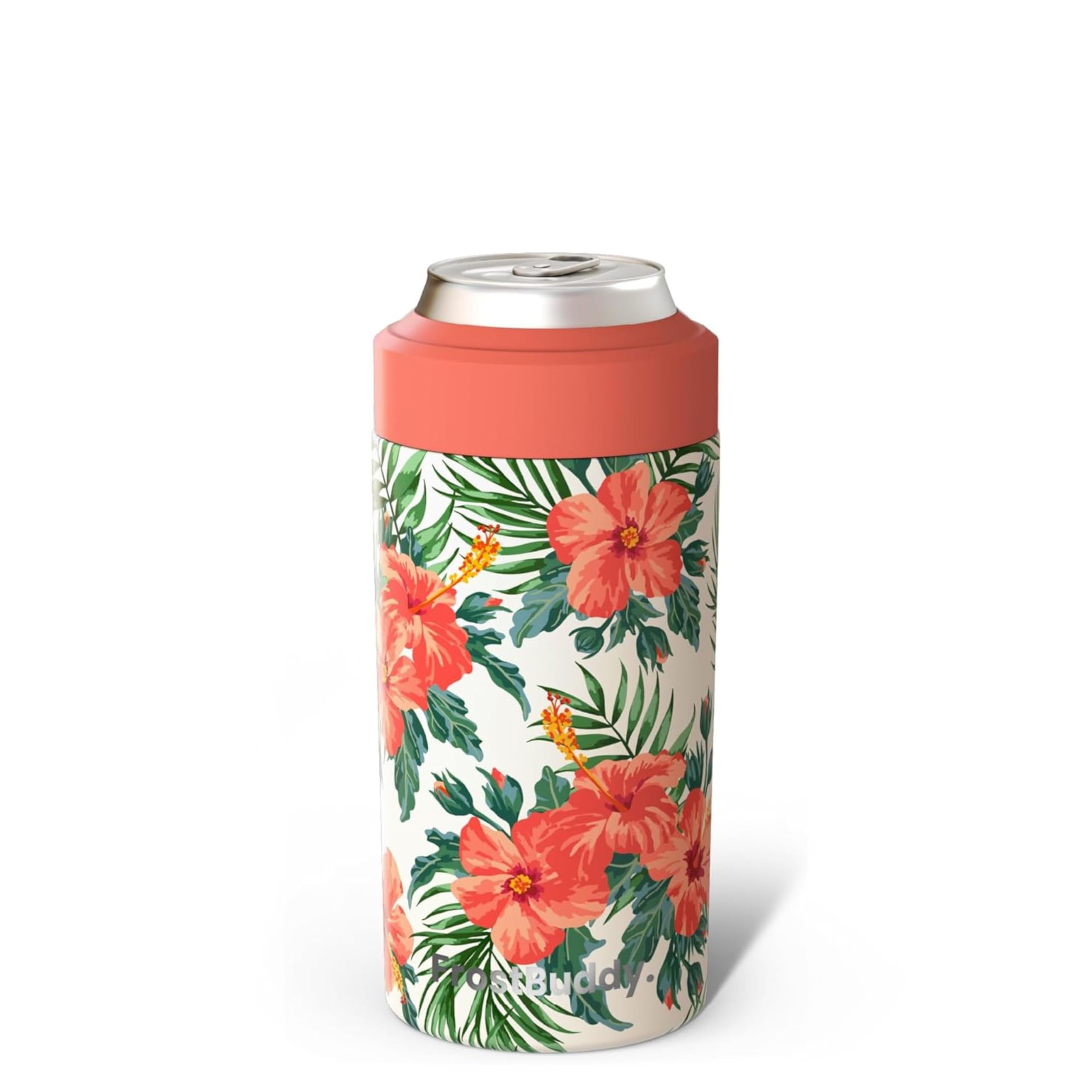 Frost Buddy Universal Can Cooler - Fits All - Stainless Steel Can Cooler for 12 oz & 16 oz Regular or Slim Cans & Bottles - Stainless Steel, Hibiscus